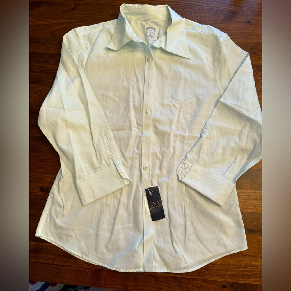 Brooks Brothers 346 Fitted 3/4 Sleeve Dress Shirt NWT White/Green Pinstripe 4